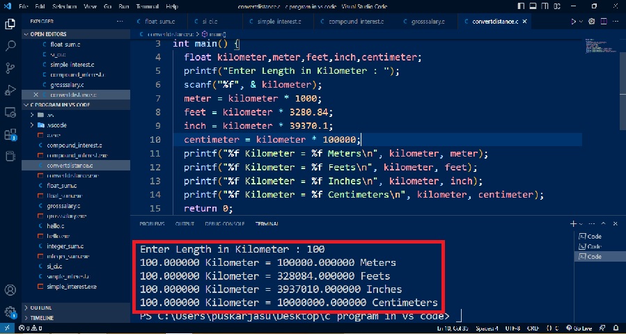 Output of convert distance by c language