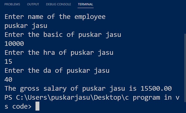 output of calculate gross salary in the C programming language