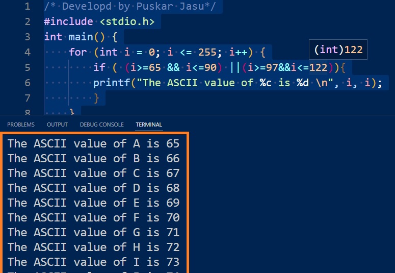 display all letter by c programing language
