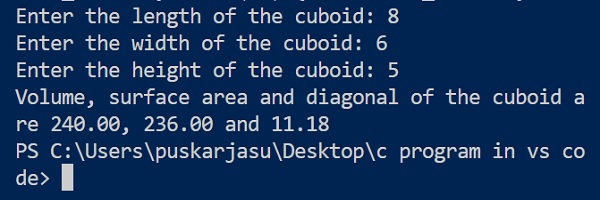 output of calculating the volume, surface area and diagonal of cuboid by C programming language