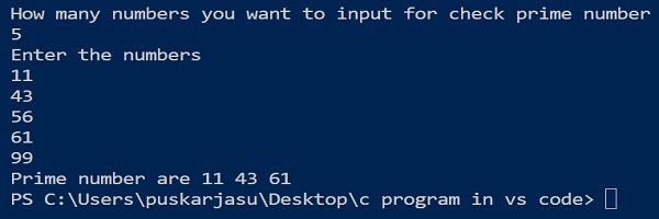 display all prime numbers from a list of number by C