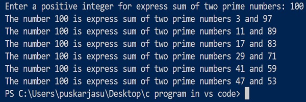 check a number can be expressed as the sum of two prime numbers by C