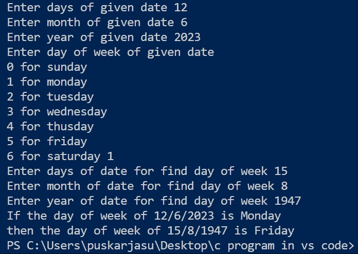 find the day of the week for a date compare to another date using C programming language