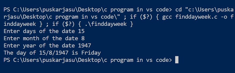 find the day of the week for a specific date using the C programming language