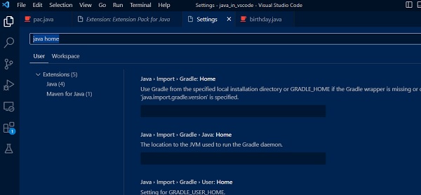 set java home in Visual Studio Code