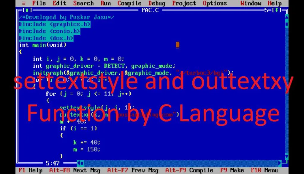 settextstyle() and outtextxy() functions in the C or C++ programming language