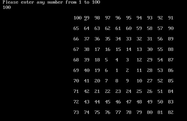 output of spiral matrix by c language