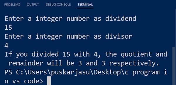 Output of Quotient and Remainder using C Language