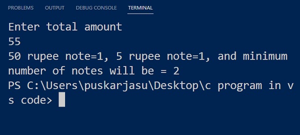 Output of Calculate Minimum Number of Indian Note in C Language