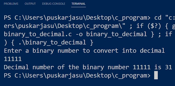 Output of Convert Binary to Decimal in C Programming Language