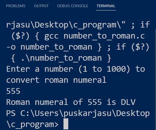 Output of Convert Integer Number to Roman Numeral in C Language