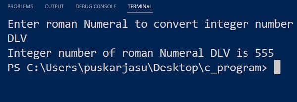 output of converting roman numerals to integer number in C programming language