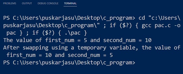 swap two numbers using a temporary variable in C programming language